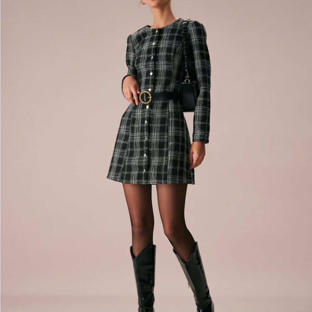 NWT Rihoas black crew neck plaid mini dress, XS
